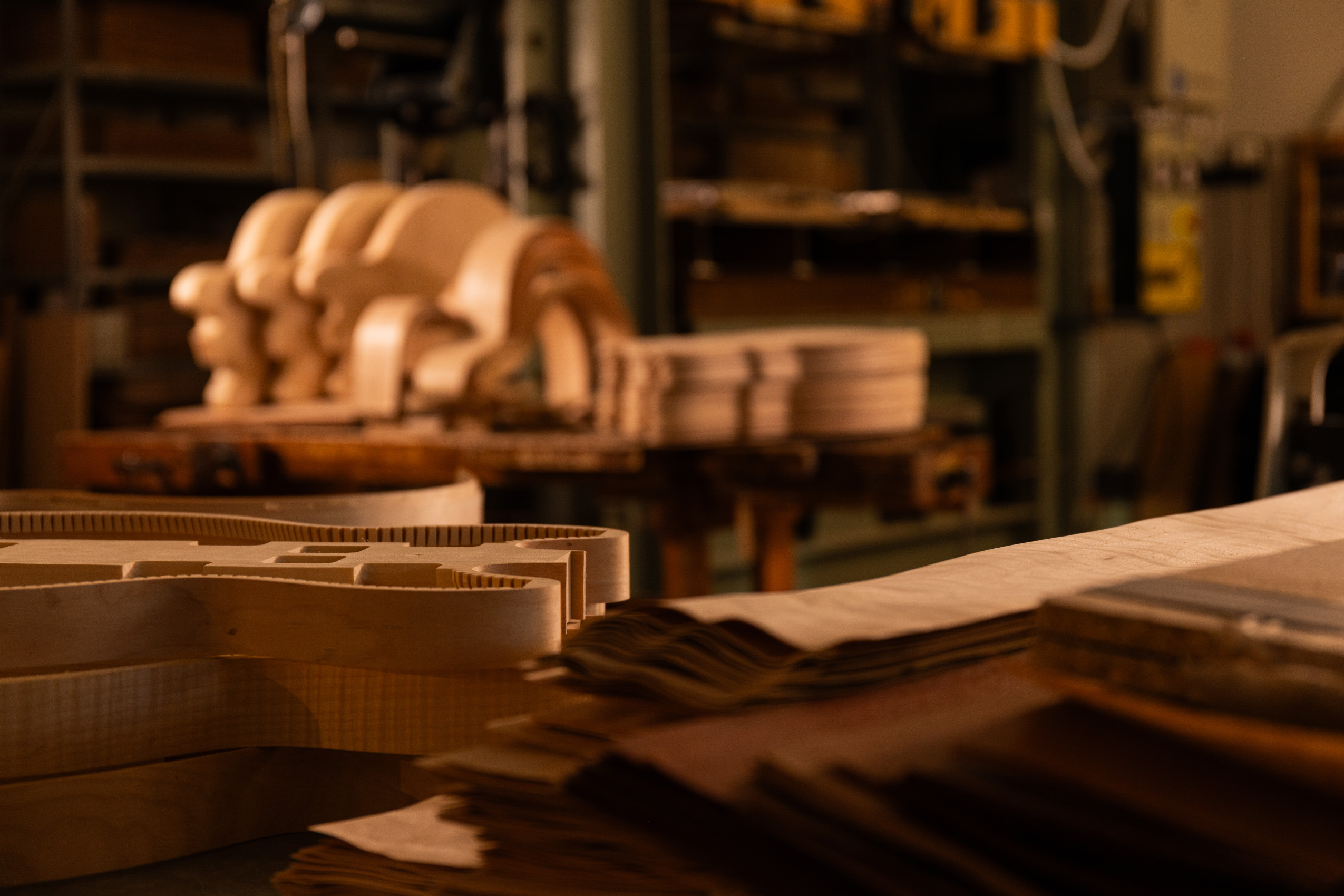 Laminated archtop guitar components and guitar building parts in the Archtop Laminates workshop